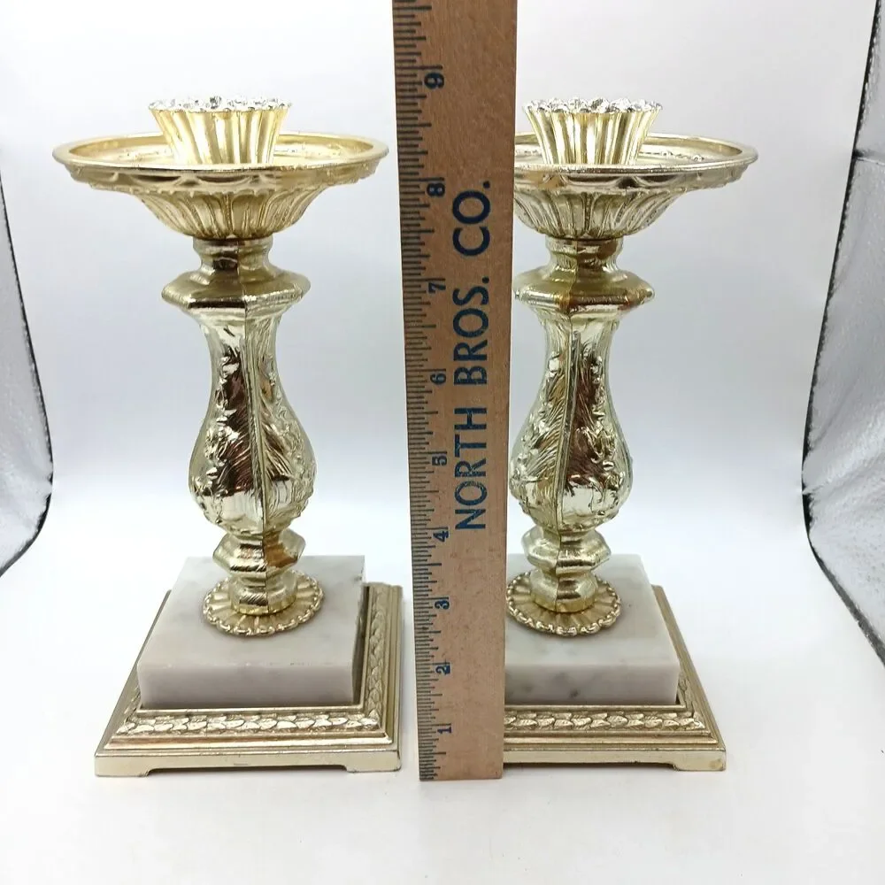 MCM Candle Holders Italian Marble Base Dilly Mfg Co. Gold Hollywood Regency 9